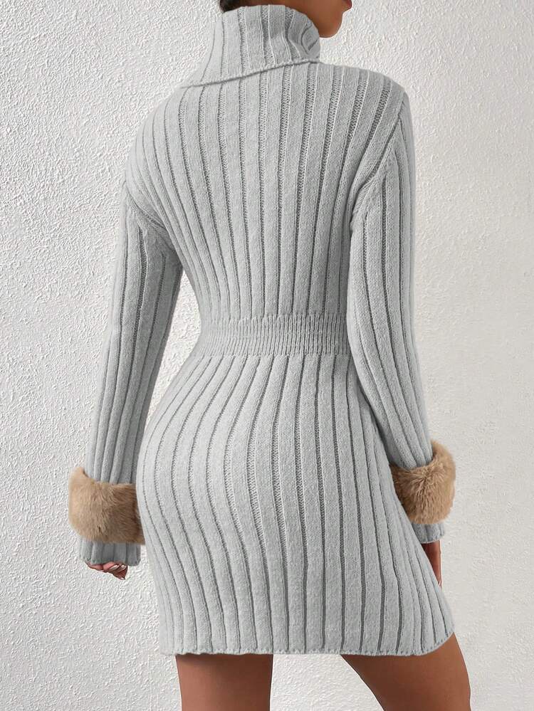 Slim Fit Turtleneck Sweater Dress Without Waist Belt