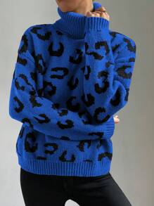 SHEIN LUNE Leopard Print Turtleneck Sweater,Long Sleeve Tops Knit Pullover Fall Winter Outfit - Multicolor - View 6