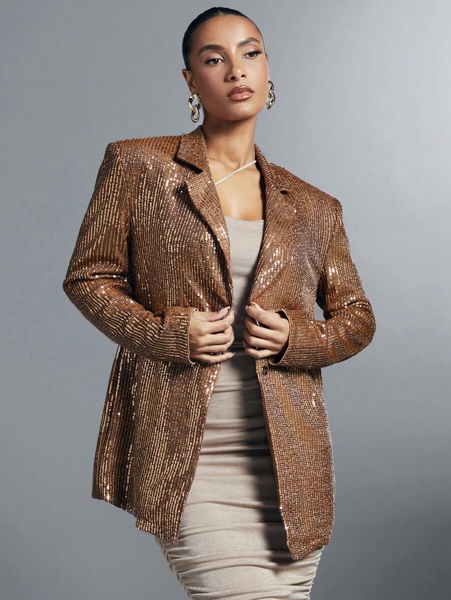 SHEIN BAE Cổ áo Kim sa Áo vest - Màu Khaki - Xem 1