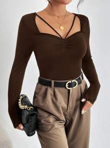 SHEIN Privé 女士情人節t恤,胸部柔軟收納設計 - 棕色 - 查看 5