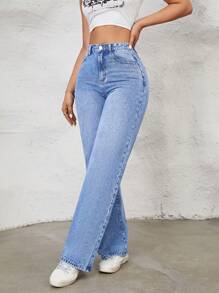 SHEIN ICON 女性牛仔褲帶口袋 - 中等水洗藍 - 查看 3