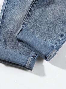 Little Girl's Bow Letter Embroidered Denim Overalls - Medium Wash - View 8