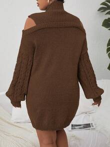 Celure Plus Cold Shoulder Cable Knit Sweater Dress Without Belt - Coffee Brown - View 2