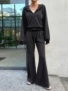 DAZY Women's Letter Print Drawstring Hoodie And Flare Pants 2pcs Set Tracksuits Women Set Lounge Sets For Women