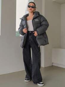 DAZY 标语印花抽绳连帽棉衣，冬季女装，冬季女装外套