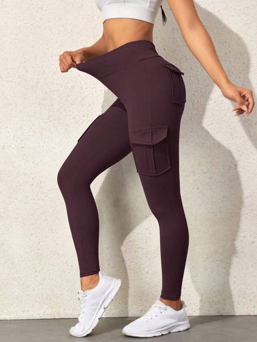 女士高腰口袋紧身鲨鱼皮图案工装裤 - 酒紅色 - 查看 1