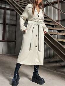 SHEIN Unity Solid Color Belted Coat - Khaki - View 6