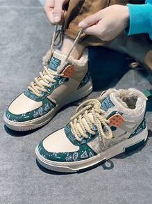 【隨機鞋面紋理】2023年新款冬季男款大尺碼毛絨保暖接色鞋面高幫皮革滑板鞋,多色可選,扁平鞋底,四季適用 - 彩色 - 查看 6