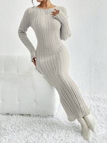 SHEIN Privé 女士純色針織連衣裙,帶有肋紋設計 - 灰色 - 查看 4