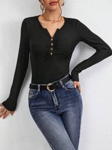 SHEIN Essnce Camiseta De Mujer Con Cuello Muesca Y Fruncido Con Abertura - Negro - Ver 1