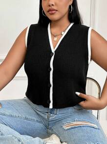 SHEIN EZwear Kích thước lớn Khối màu Nút phía trước Áo nịt đan Áo vest - Đen và trắng - Xem 1