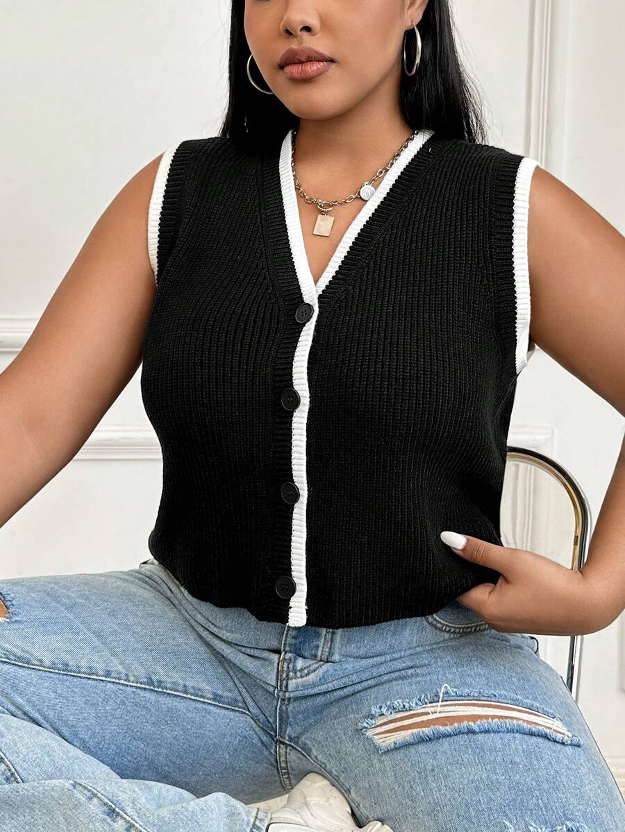SHEIN EZwear Kích thước lớn Khối màu Nút phía trước Áo nịt đan Áo vest - Đen và trắng - Xem 1