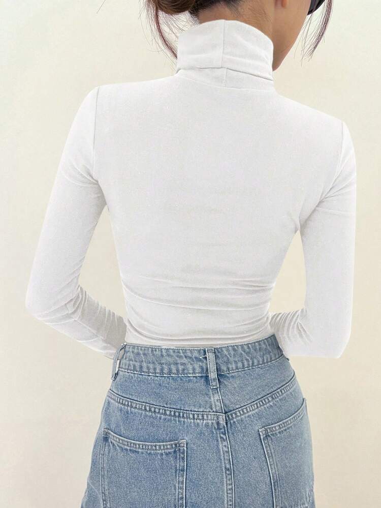 Women's Turtle Neck Ruched Long Sleeve T-shirt