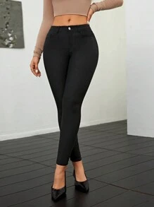 女性時尚休閒純色低腰修身長褲 - 黑色 - 查看 3