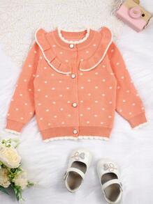 Baby Girls' Polka Dot Print Contrast Color Edging Ruffled Detail Cardigan With Open Front