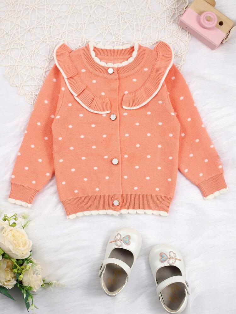 Baby Girls' Polka Dot Print Contrast Color Edging Ruffled Detail Cardigan With Open Front