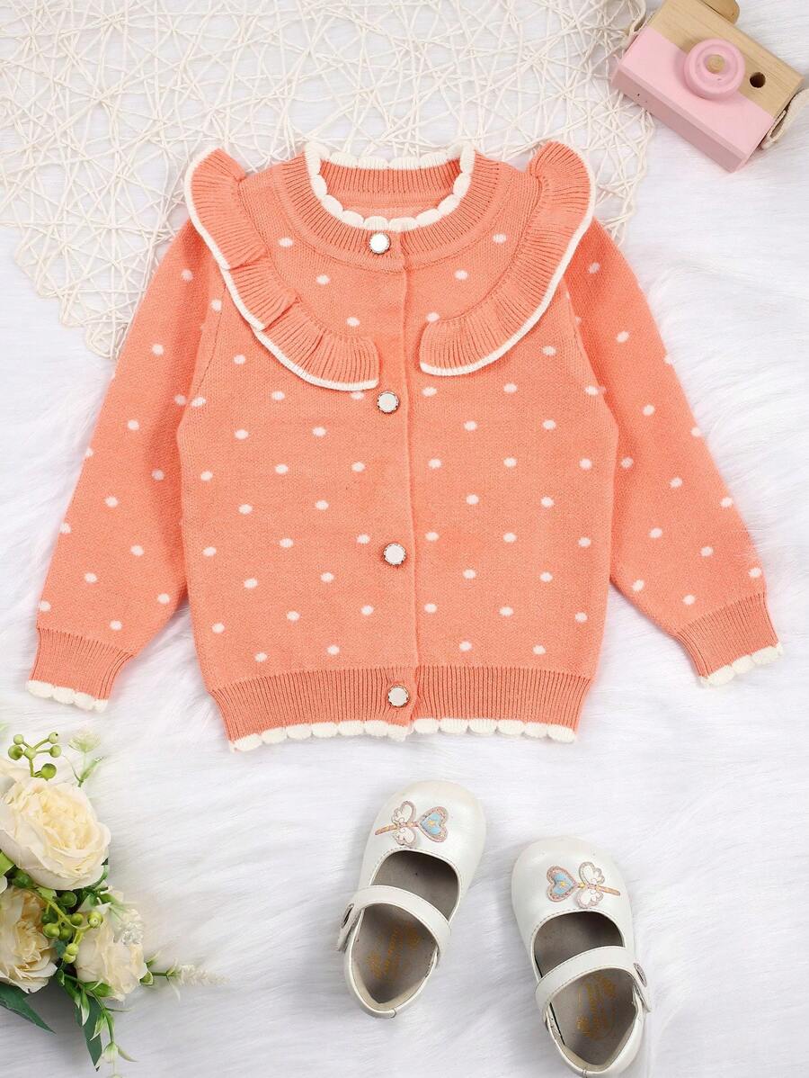 Baby Girls' Polka Dot Print Contrast Color Edging Ruffled Detail Cardigan With Open Front