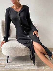 SHEIN Unity Solid Color Thermal Lined Button Front Dress