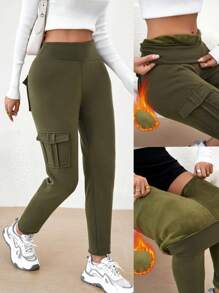 SHEIN Essnce Flap Pocket Cargo Leggings - Army Green - View 5
