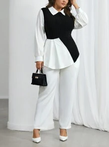 Firerie Plus Size Contrast Color Ribbed Knitting & Mesh Panel Splicing Turn-down Collar Women's Top - Black and White - View 3