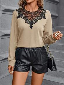 SHEIN Clasi Chèn ren Guipure Áo nỉ - Lạc đà - Xem 4