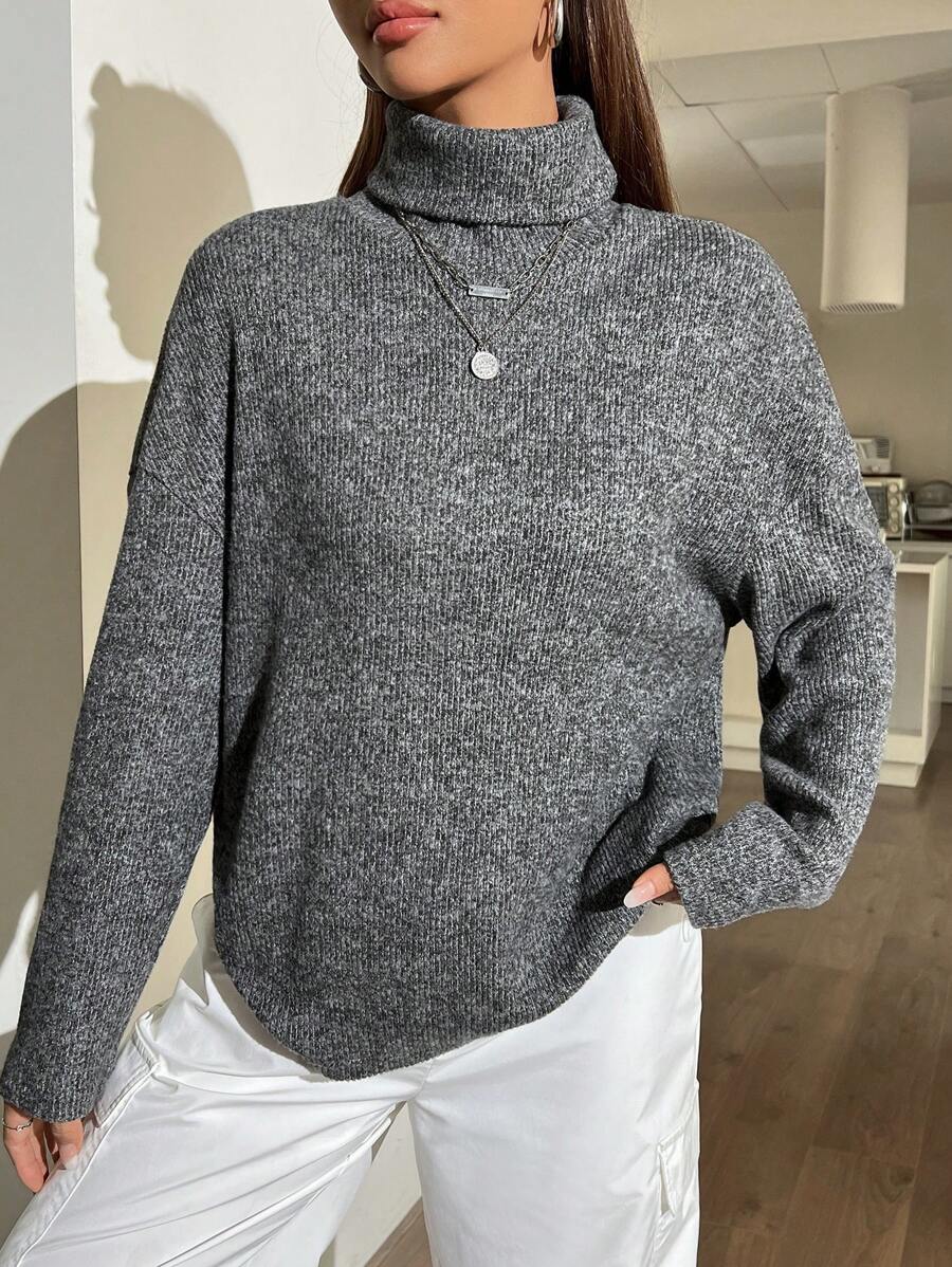 SHEIN EZwear Women's High Neck Drop Shoulder T-shirt - Dark Grey - View 1