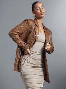 SHEIN BAE Cổ áo Kim sa Áo vest - Màu Khaki - Xem 4