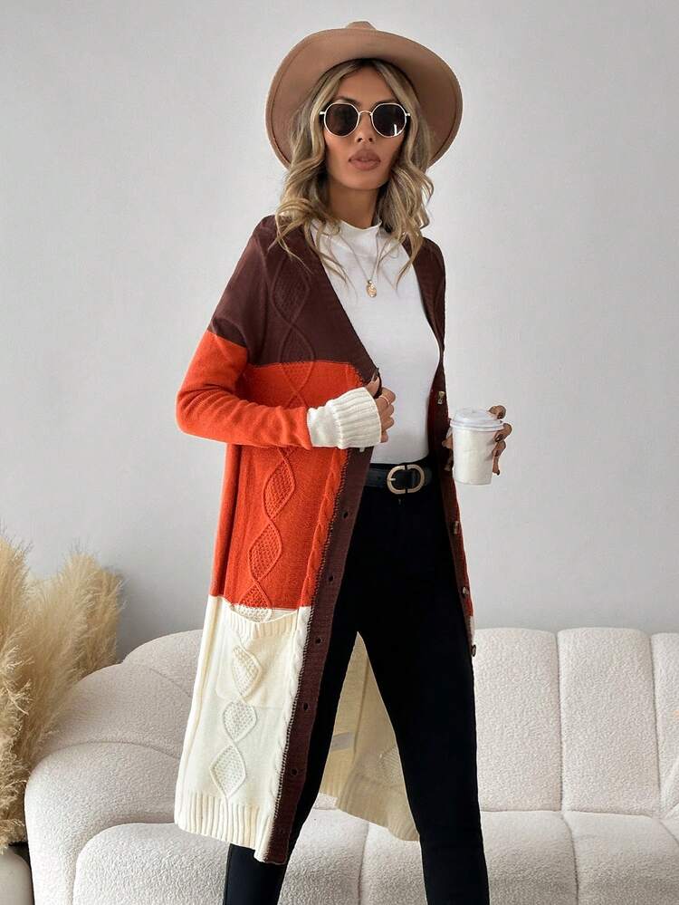Women's Color Block Button Front Cardigan
