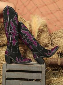 Styleloop 女士鑽石閃粉中筒尖頭西部牛仔黑靴,時尚閃爍水晶膝高方塊粗跟牛仔女靴侧拉鍊休閒靴 - 黑色 - 查看 2