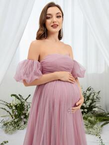 Maternity Off Shoulder Puff Sleeve Mesh Gown Elegant Dress, For Party - Dusty Pink - View 7