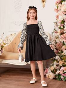 Tween Girl Floral Print Flounce Sleeve Dress - Black - View 4