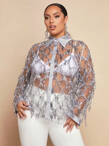 SHEIN BAE 聖誕大碼亮片裝飾流蘇邊前紐扣襯衫不附胸罩 - 灰色 - 查看 1