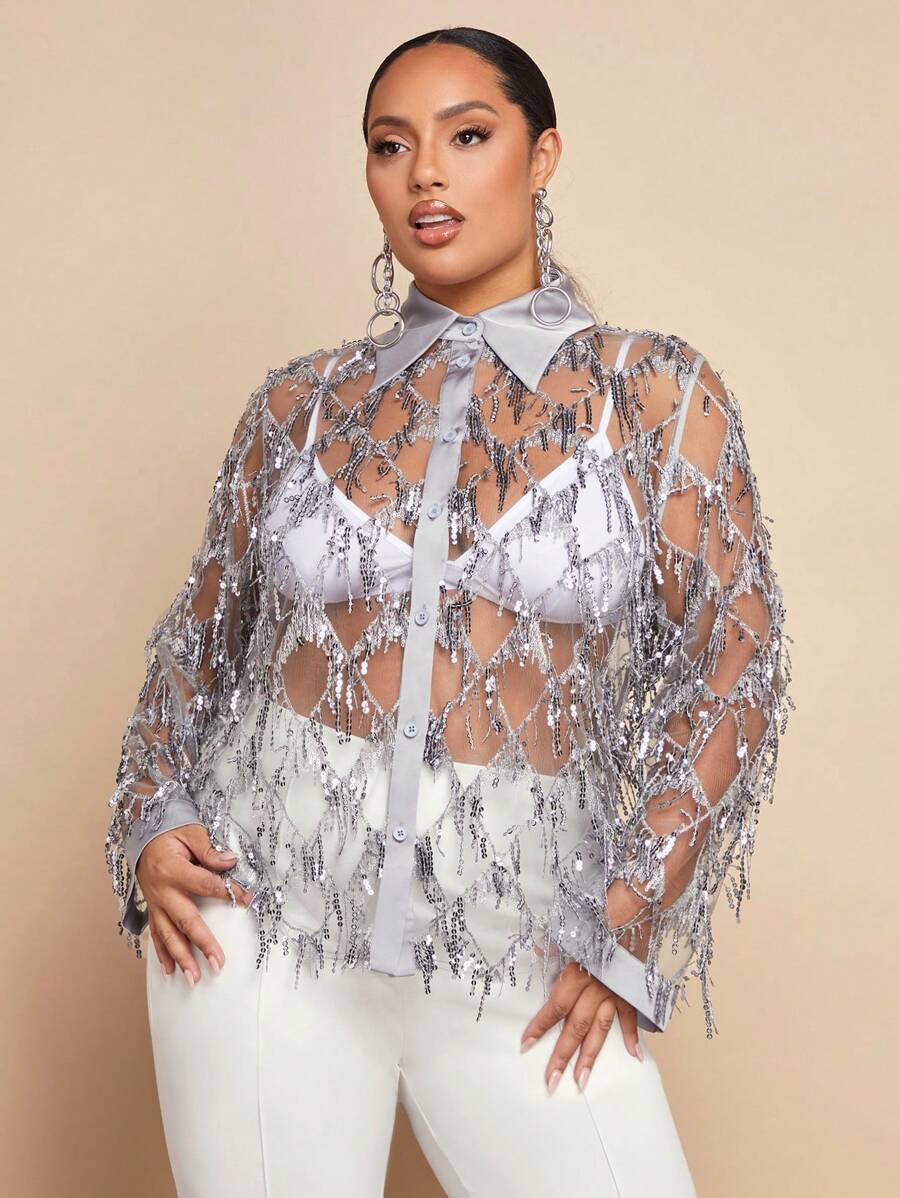 SHEIN BAE 聖誕大碼亮片裝飾流蘇邊前紐扣襯衫不附胸罩 - 灰色 - 查看 1