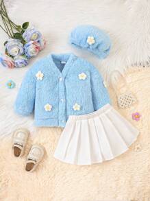 女嬰花毛衣+裙子+帽子 3 件套 - 藍色 - 查看 1