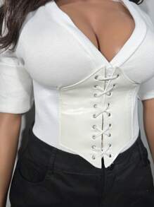 ROMWE Goth 1入組女性白色六邊形形狀腰皮帶帶打蠟燈芯絨系帶和孔眼適用於洋裝配件,每天穿戴