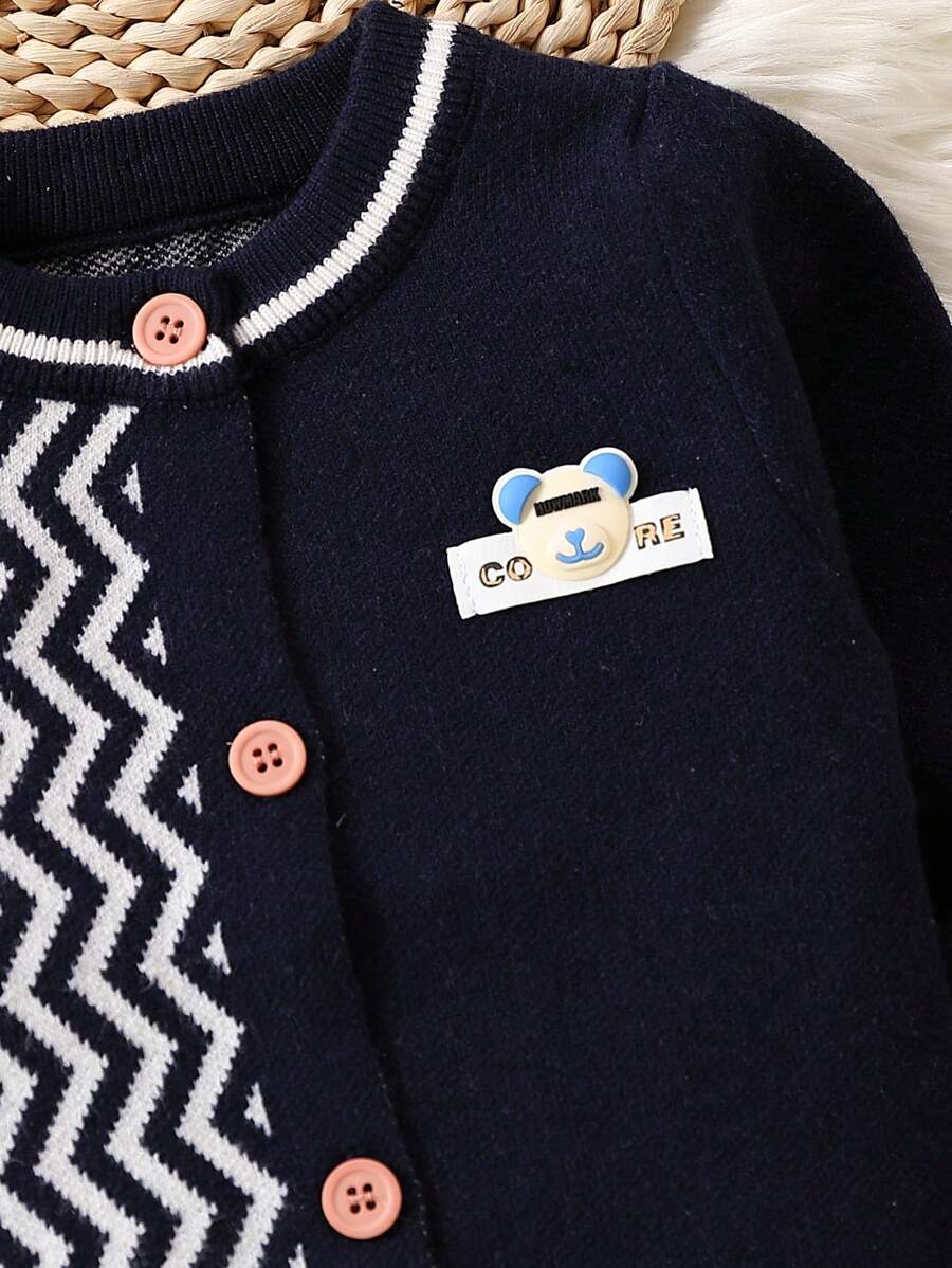 Baby Boys' Z-shaped Pattern Bear Patch Cardigan With Front Snap, Gray