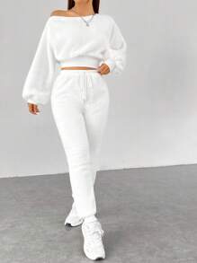 SHEIN EZwear White Furry Suit For Women - White - View 3