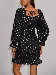 Zolique Gold Dot Print Ruffled Pleated Dress With Flounce Hem - Black - View 2