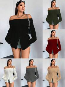 Flirla Áo len chui đầu trễ vai cài nút phía trước, kiểu dáng thu đông. - Màu be - Xem 1