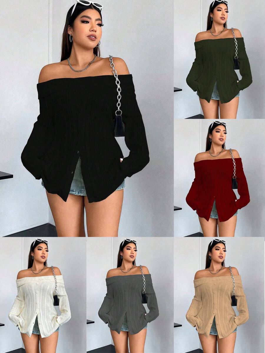 Flirla Áo len chui đầu trễ vai cài nút phía trước, kiểu dáng thu đông. - Màu be - Xem 1