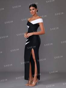 Love Aing Off Shoulder Black & White Spliced High Split Dress - Black and White - View 4