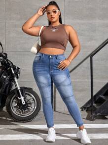SHEIN EZwear Jeans Ajustados De Moda De Talla Grande - Azul lavado medio - Ver 5