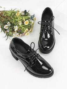 女款厚底粗跟泵鞋,黑色,防水平台,厚底,瑪莉珍,鞋帶,適用於工作,專利皮革 - 黑色 - 查看 3