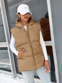 EURMUSE Zip Up Hooded Vest Padded Coat - Camel - View 5