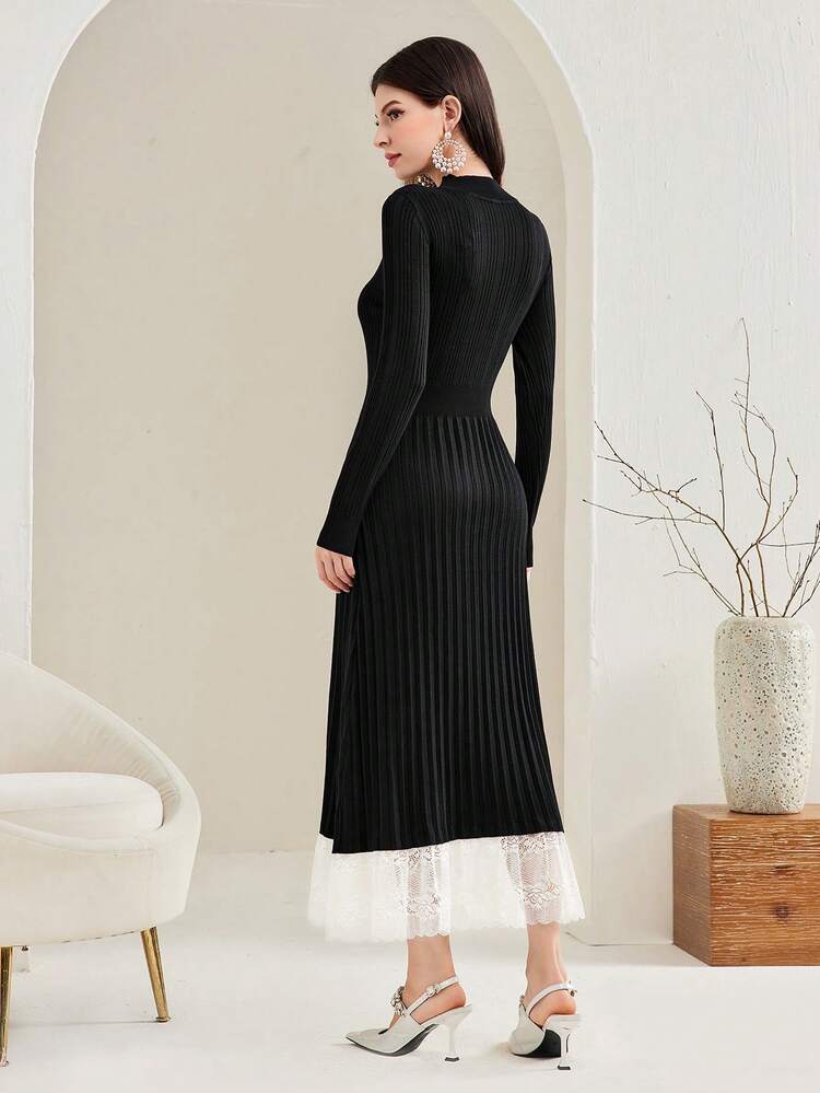 Women's Patchwork Lace Detail Ribbed Knitted Sweater Dress With Round Neckline, Without Waist Belt Fall Cloth For Women