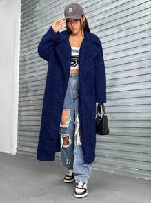 SHEIN Coolane Fluffy Long Coat With Oversized Collar - Navy Blue - View 1