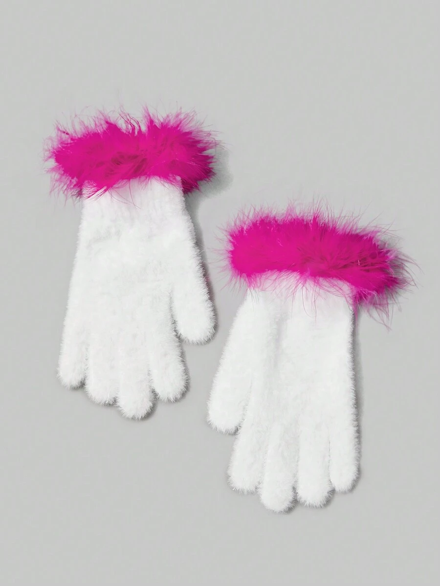 SHEIN ICON 人造羽毛装饰毛绒手套复古，学校 - 白色 - 查看 1