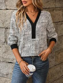 SHEIN LUNE Vải lanh nhìn In Của phụ nữ Cổ chữ V Áo sơ mi Với Viền tương phản - trắng - Xem 4