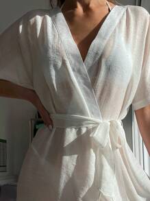 SHEIN Swim Kimono chống nắng màu trơn cho nữ có thắt lưng có thể tháo rời, dành cho kỳ nghỉ hè ở bãi biển - trắng - Xem 3
