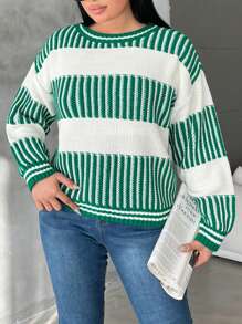 SHEIN Cottnline Plus Striped Pattern Drop Shoulder Sweater - Green - View 3